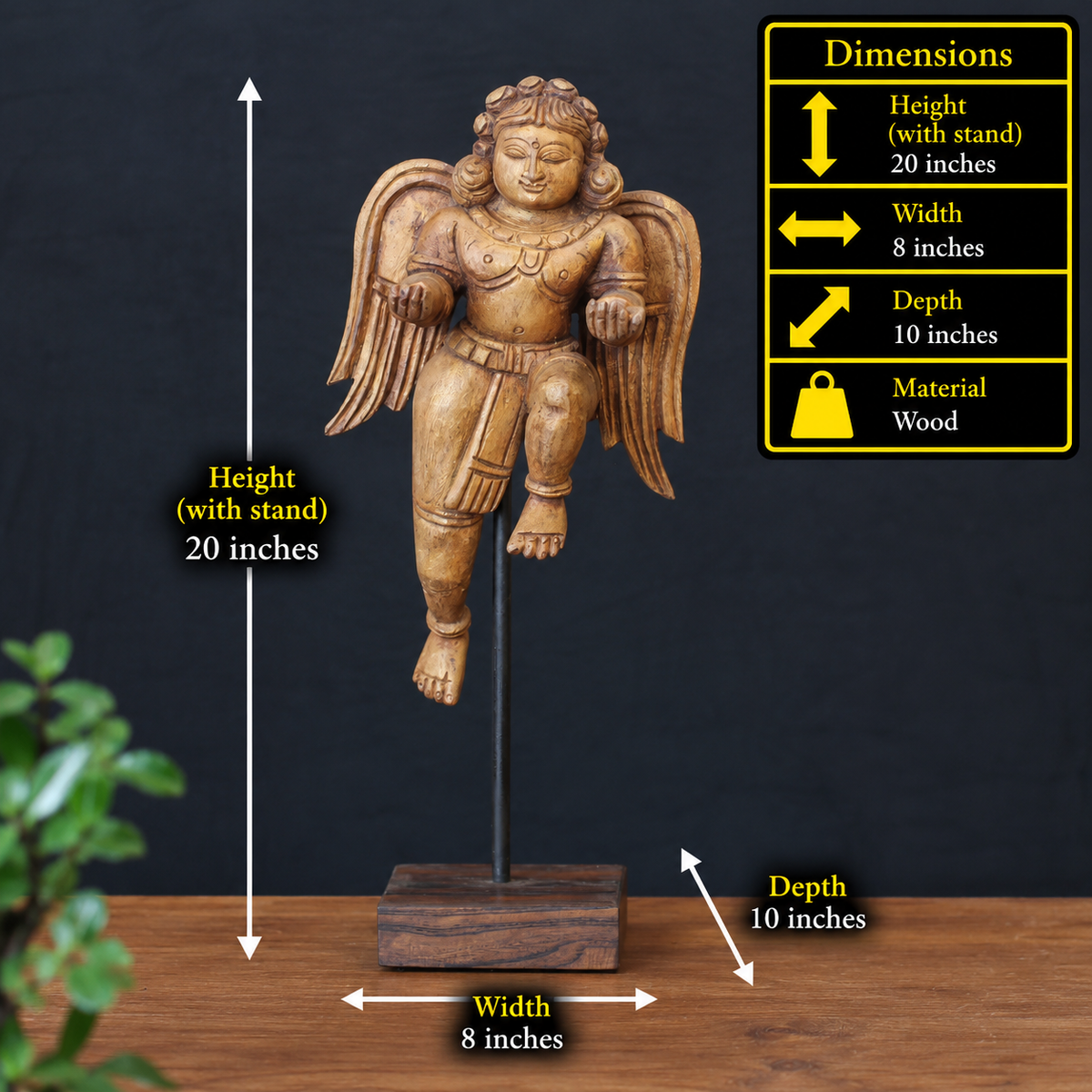 Woodcarved Gandharva Indian Angel Sculpture on Stand- Single