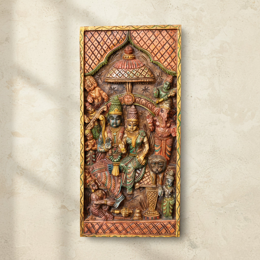 Handcrafted Wooden Ram Darbar Wall Panel | Traditional Hindu Wall Art