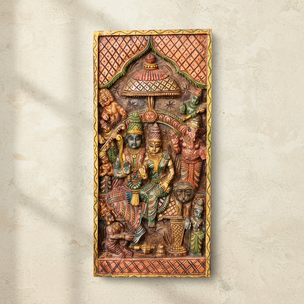 Handcrafted Wooden Ram Darbar Wall Panel | Traditional Hindu Wall Art