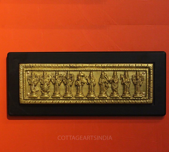 Brass Dasavthar Plate on Wooden Wall Panel