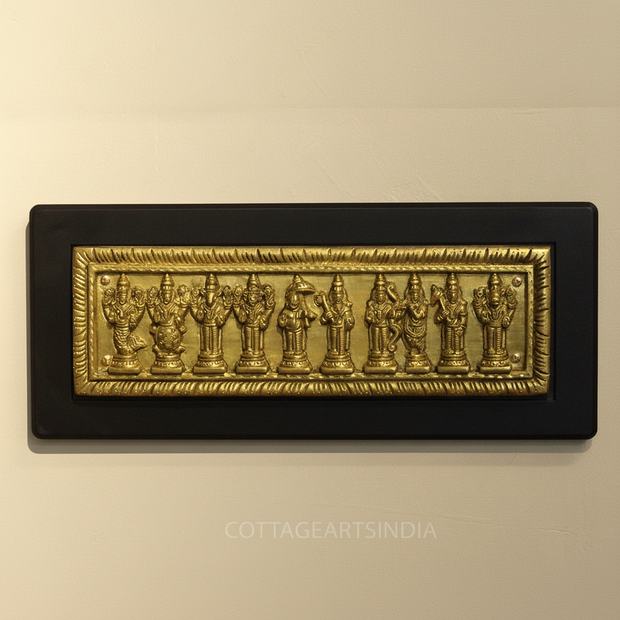 Brass Dasavthar Plate on Wooden Wall Panel