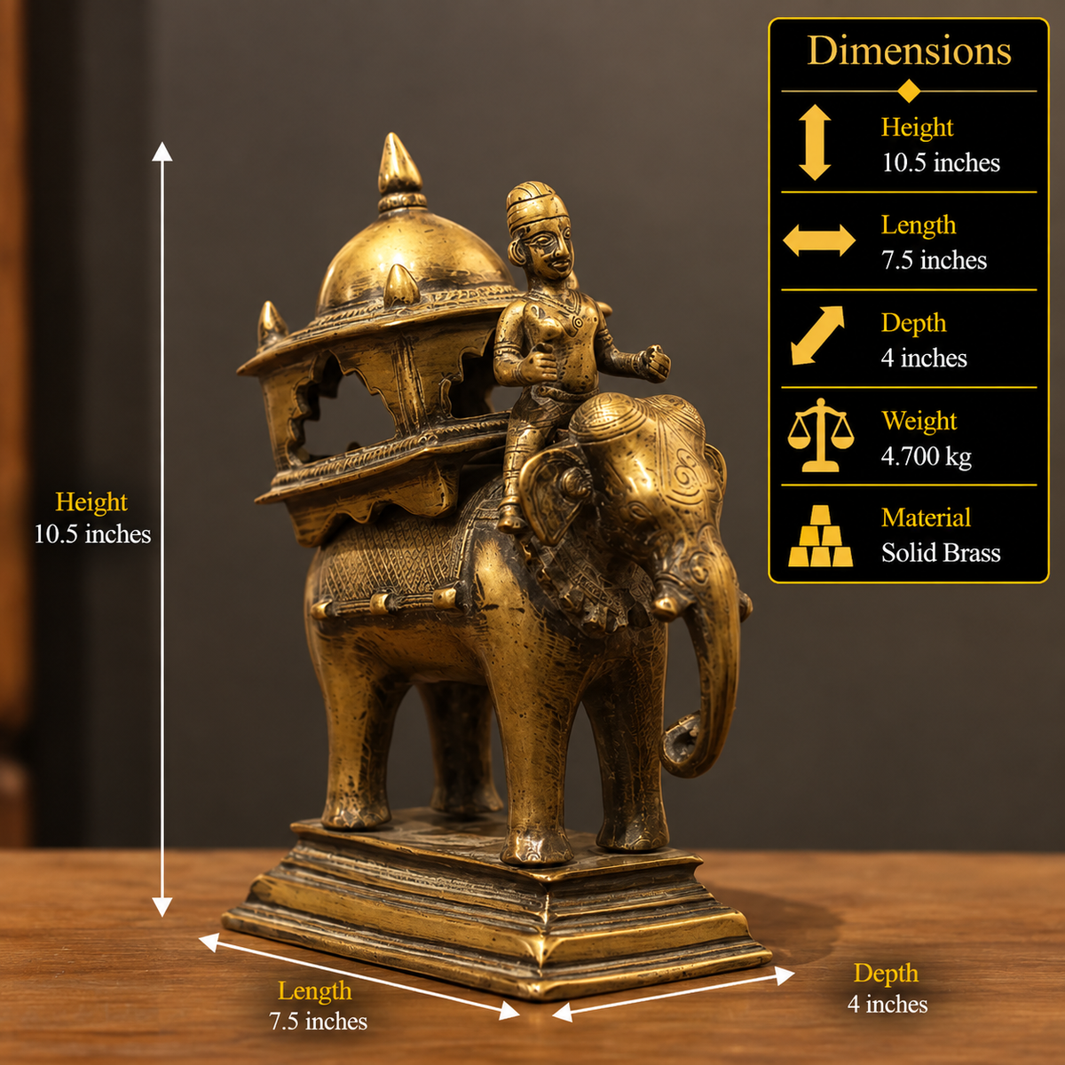 Brass Vintage Elephant With Mahavat 10"