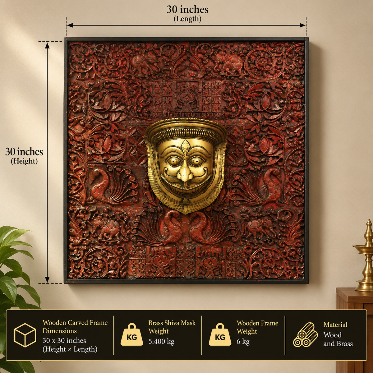 Wooden Carved Wall Hanging With Brass Shiva Mask