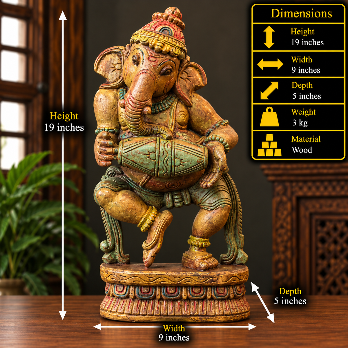 Handcrafted Wooden Ganesha Playing Mridangam | Cottage Arts