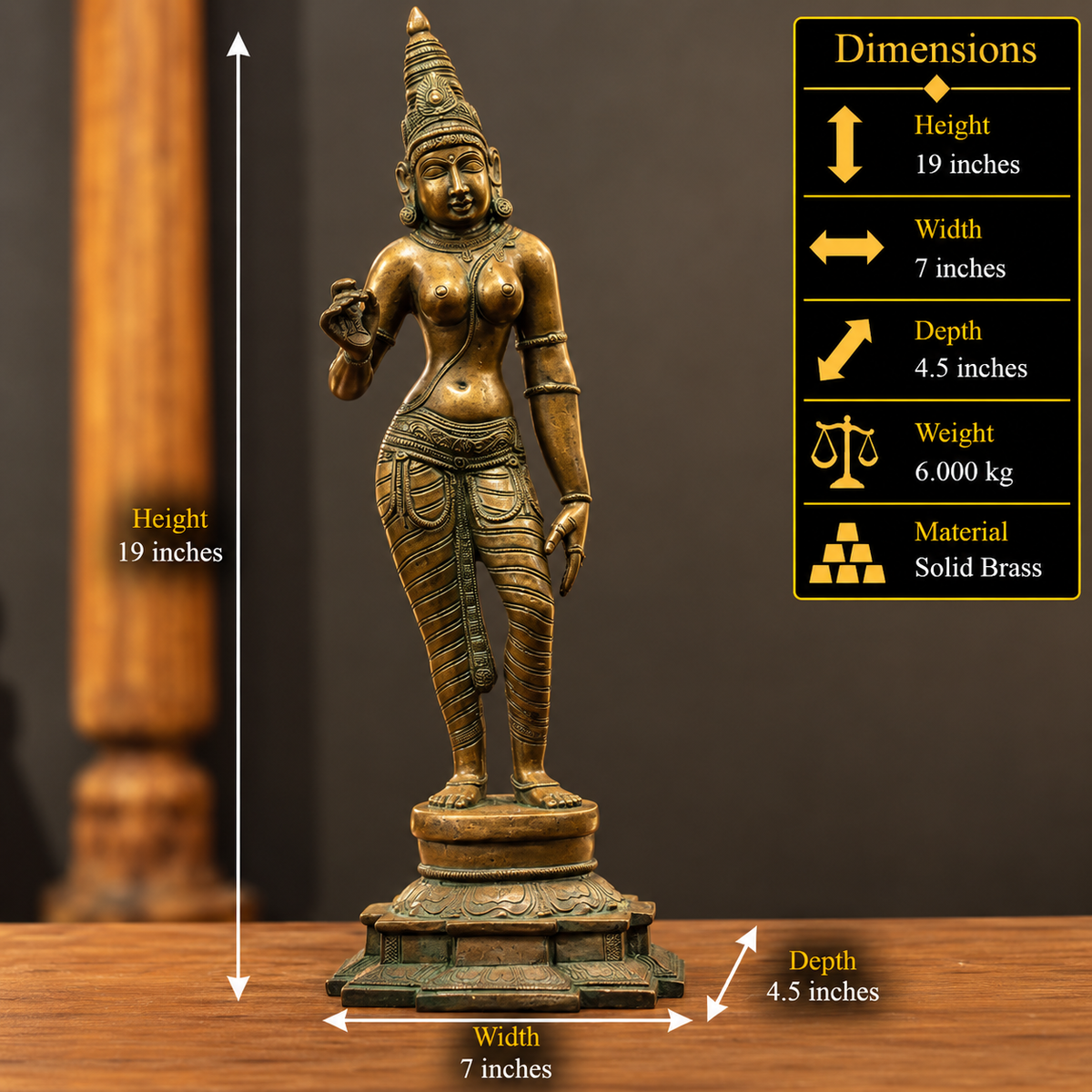 Brass Standing Uma Parvati – Chola Style in Authentic Bronze Finish