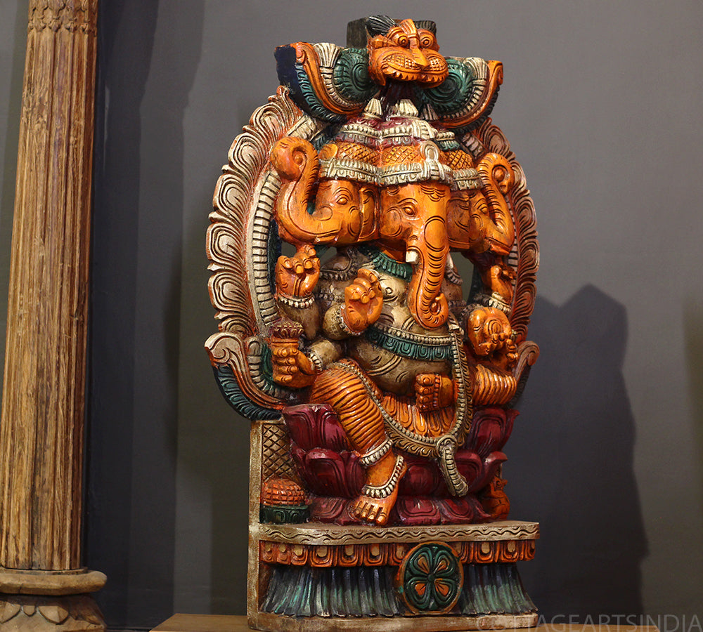 Three-Faced Wooden Ganesha 37" – Handcrafted Trinetra Ganpati