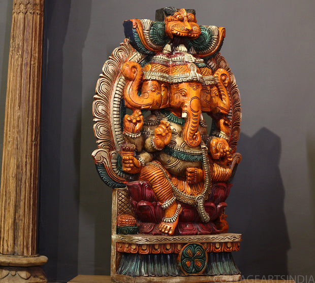 Three-Faced Wooden anesha 37" – Handcrafted Trinetra Ganpati