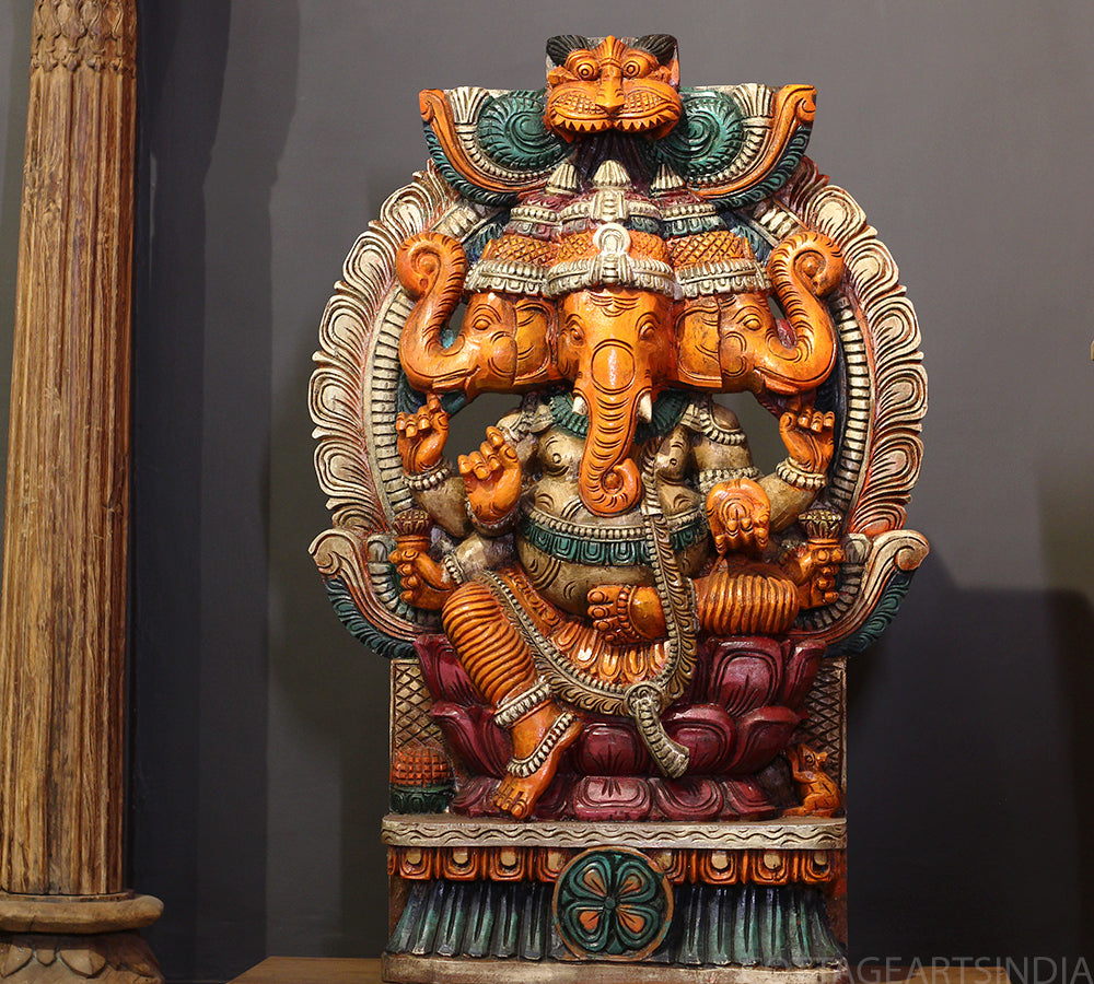 Three-Faced Wooden Ganesha 37" – Handcrafted Trinetra Ganpati