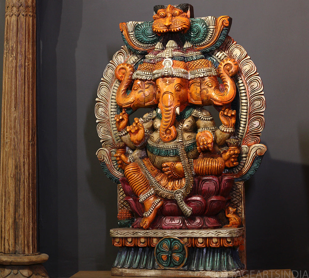 Three-Faced Wooden anesha 37" – Handcrafted Trinetra Ganpati
