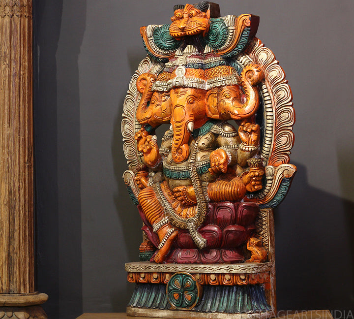Three-Faced Wooden Ganesha 37" – Handcrafted Trinetra Ganpati