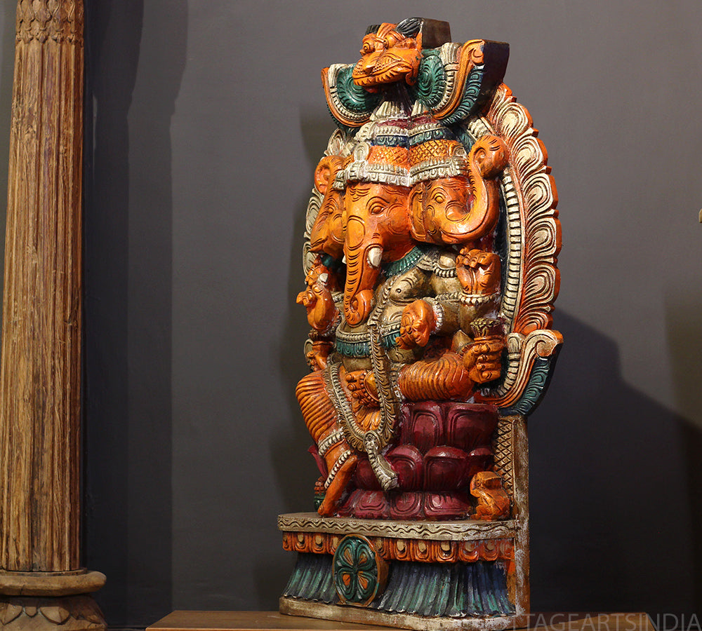 Three-Faced Wooden Ganesha 37" – Handcrafted Trinetra Ganpati
