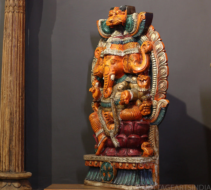Three-Faced Wooden Ganesha 37" – Handcrafted Trinetra Ganpati