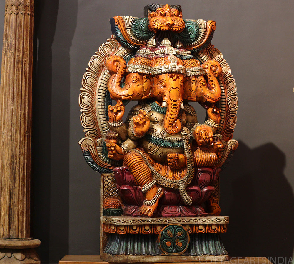 Three-Faced Wooden Ganesha 37" – Handcrafted Trinetra Ganpati