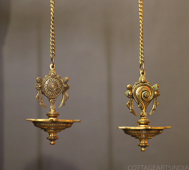 Brass Shankh -Chakra Oil Diya Hanging -Set of 2
