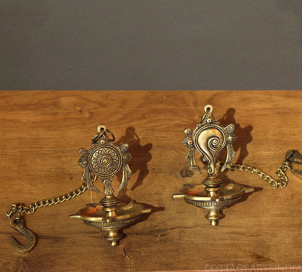 Brass Shankh -Chakra Oil Diya Hanging -Set of 2