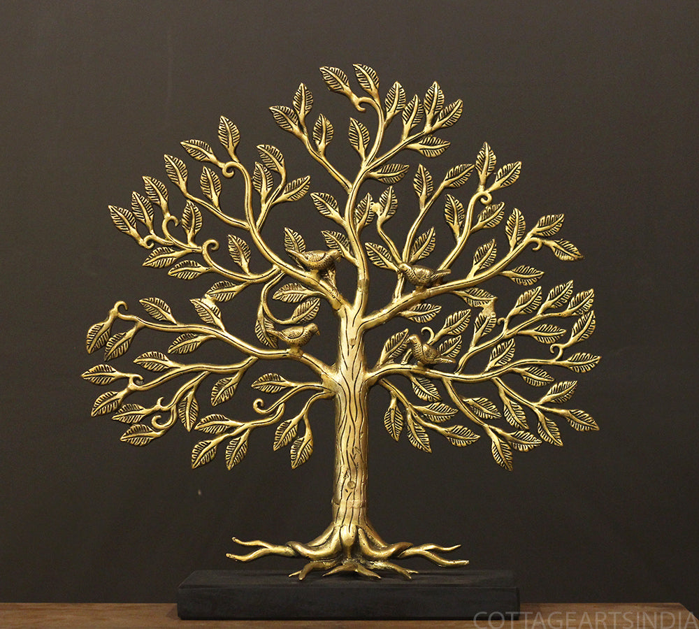 Brass Kalavriksha Tree of Life on Wooden Base – Handcrafted Auspicious Décor