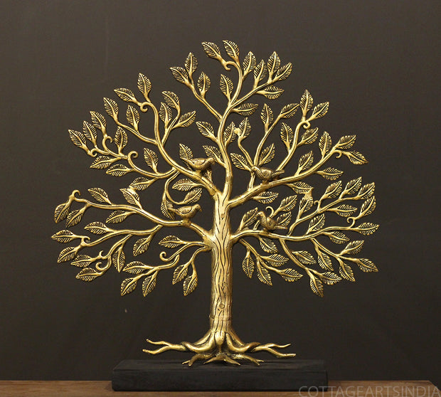 Brass Kalavriksha Tree of Life on Wooden Base – Handcrafted Auspicious Décor