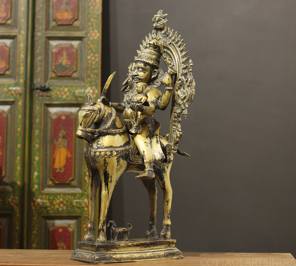 Brass Vintage Finished Khandoba on Horse Idol