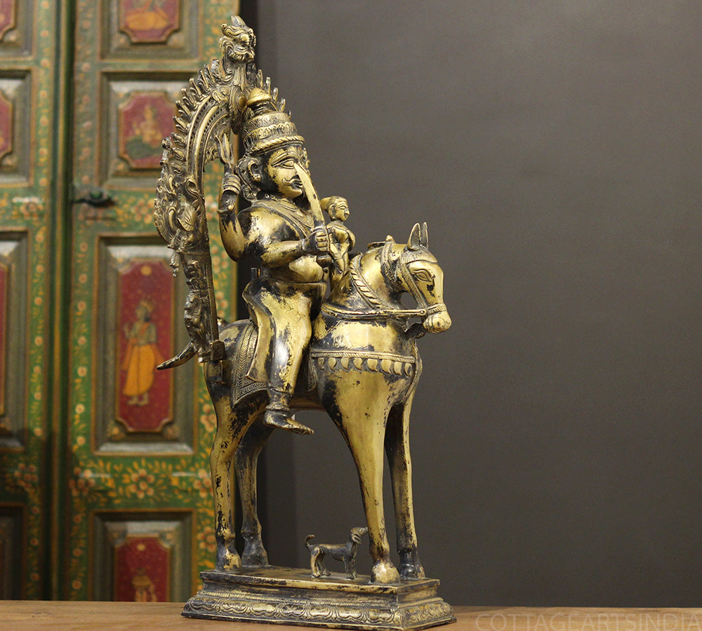 Brass Vintage Finished Khandoba on Horse Idol