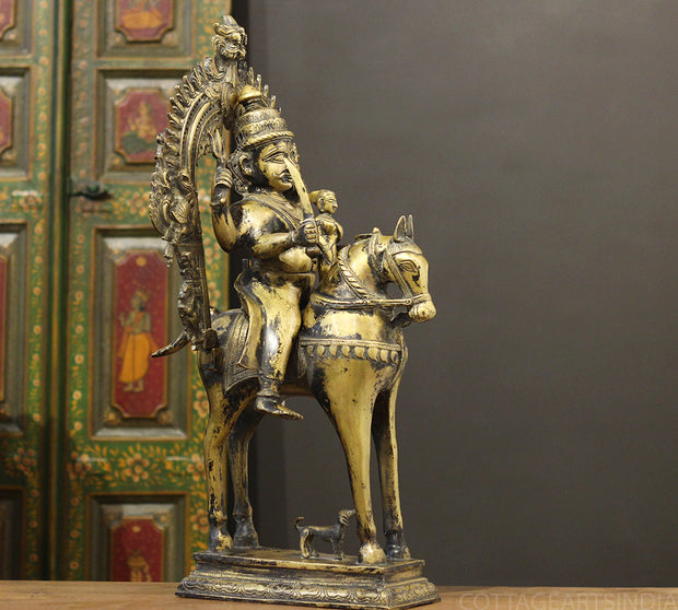 Brass Vintage Finished Khandoba on Horse Idol