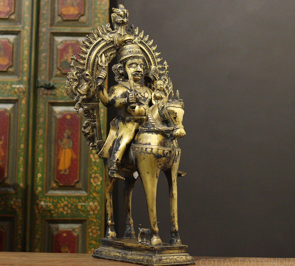 Brass Vintage Finished Khandoba on Horse Idol