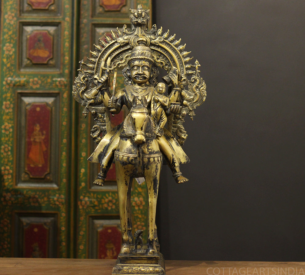 Brass Vintage Finished Khandoba on Horse Idol