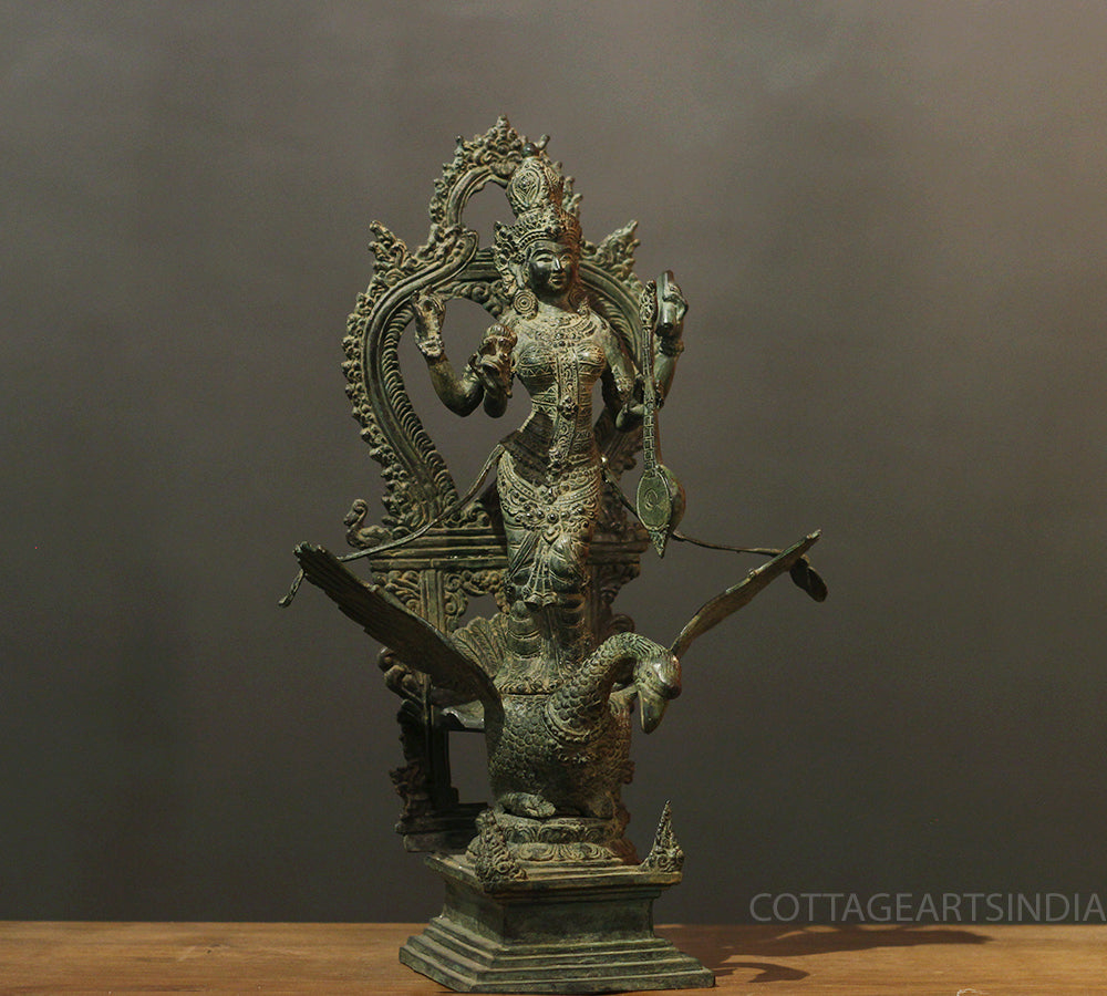 Balinese Bronze  Saraswati On Swan 18"