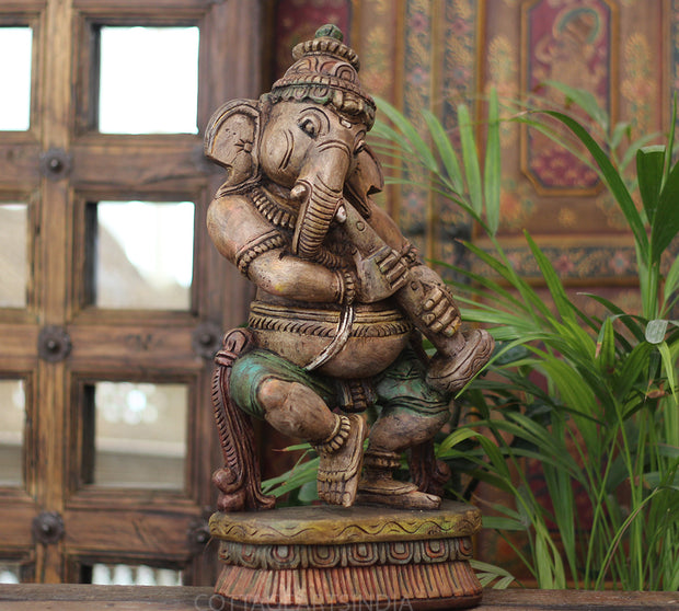 Handcrafted Wooden Lord Ganesha Playing Flute Sculpture – Vintage Antique Finish