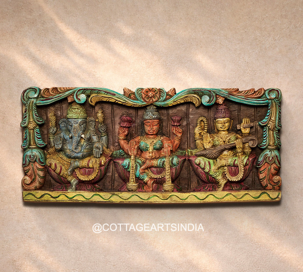 Wooden Hand Carving Wall Panel - Laxmi Ganesh Saraswati 24"