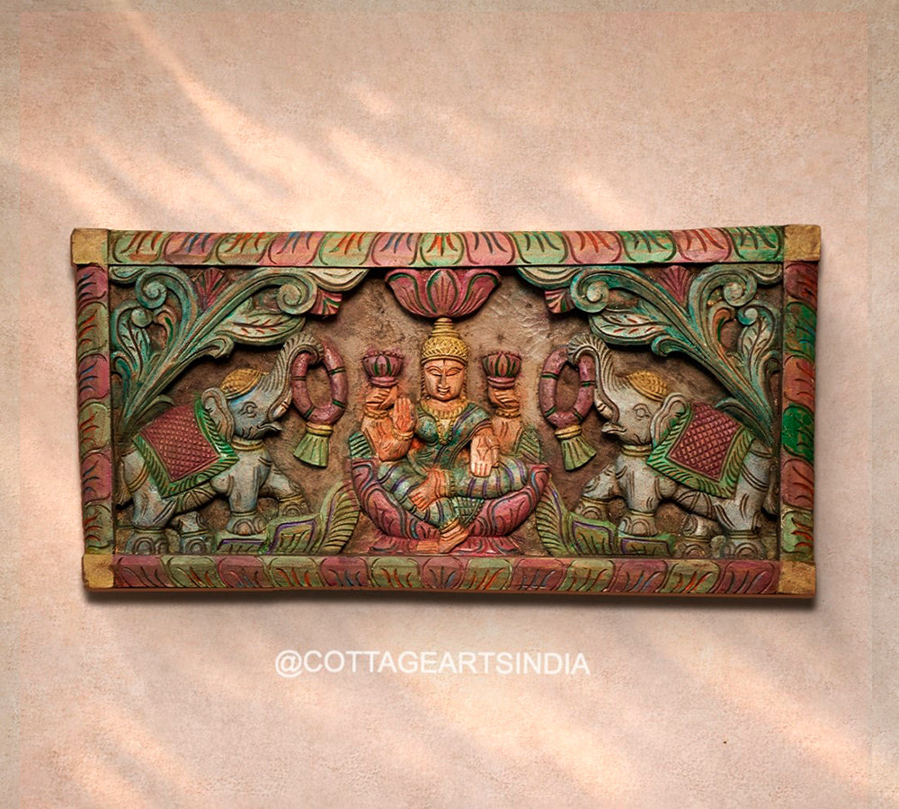 Wooden Hand Carved Wall Panel  -GajaLaxmi 24"