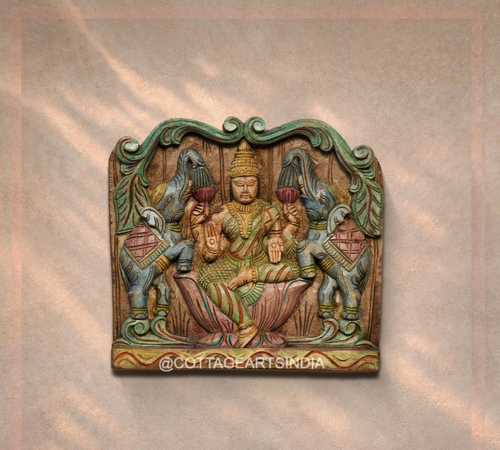 Wooden Hand Carved Wall Panel -GajLaxmi 12"