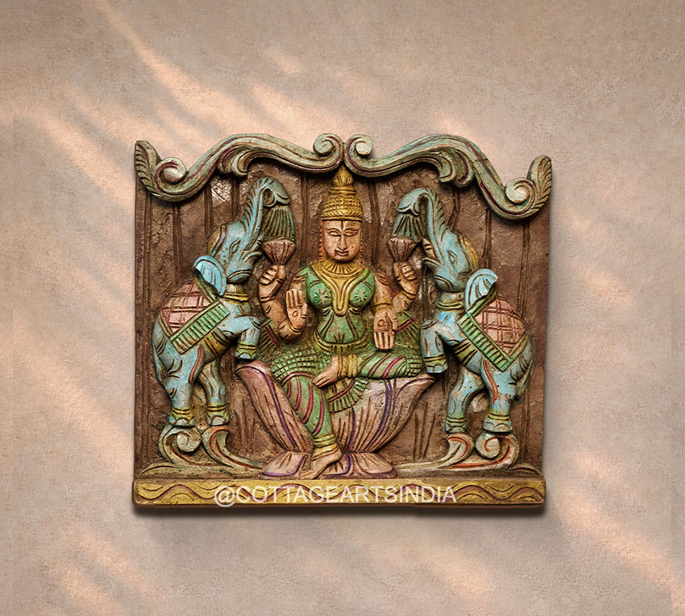 Wooden Hand Carved Wall Panel -GajLaxmi 12"