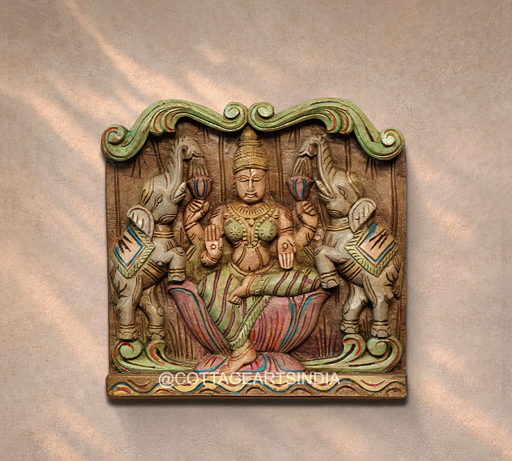 Wooden Hand Carved Wall Panel -GajLaxmi 12"