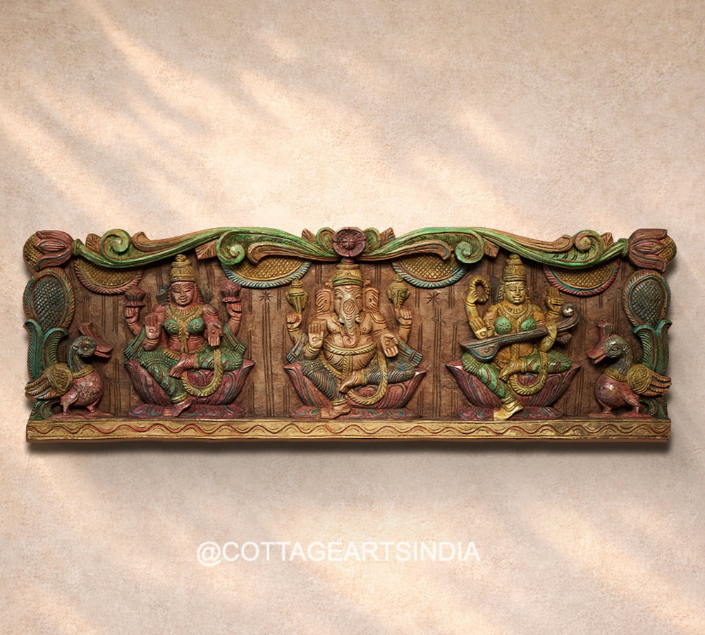 Wooden Hand Carved Wall Panel -Laxmi Ganesh Saraswati 36"