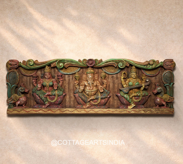 Wooden Hand Carved Wall Panel -Laxmi Ganesh Saraswati 36"