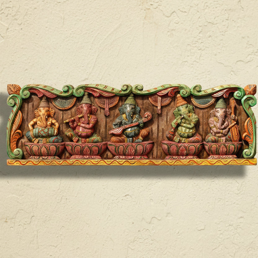Wooden Hand Carved Wall Panel -Panch Musical Ganesha