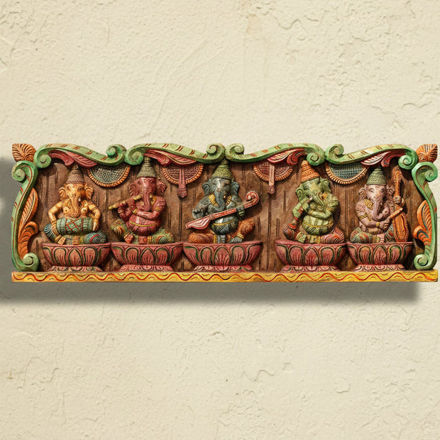Wooden Hand Carved Wall Panel -Panch Musical Ganesha