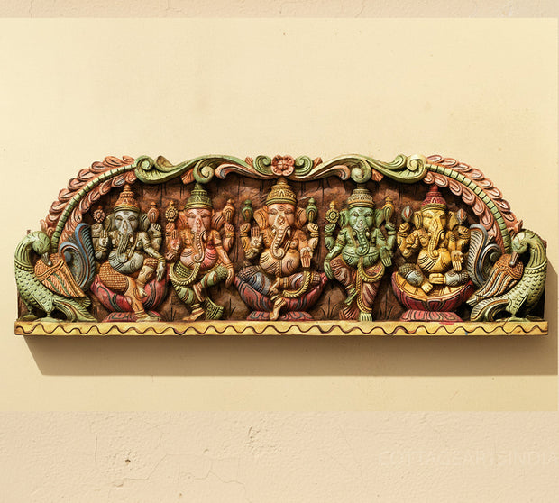 Wooden Hand Carved Wall Panel -Panch Ganesh
