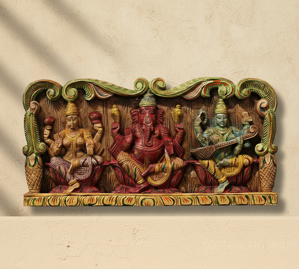 Wooden Hand Carved Wall Panel -Laxmi Ganesh Saraswati 24"