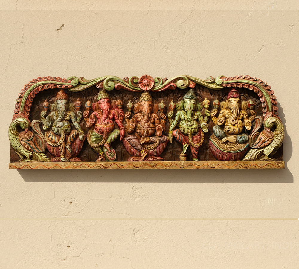 Wooden Hand Carved Wall Panel -Panch Ganesh