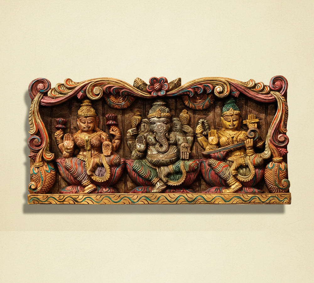 Wooden Hand Carved Wall Panel -Laxmi Ganesh Saraswati 24"