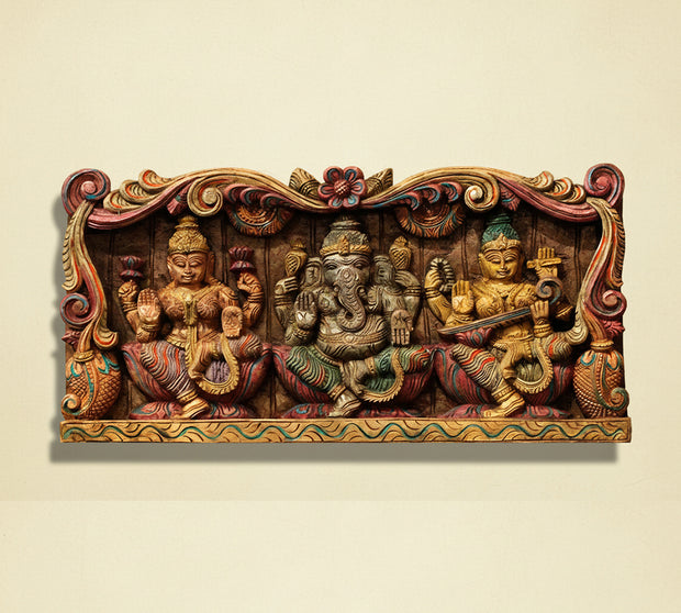 Wooden Hand Carved Wall Panel -Laxmi Ganesh Saraswati 24"
