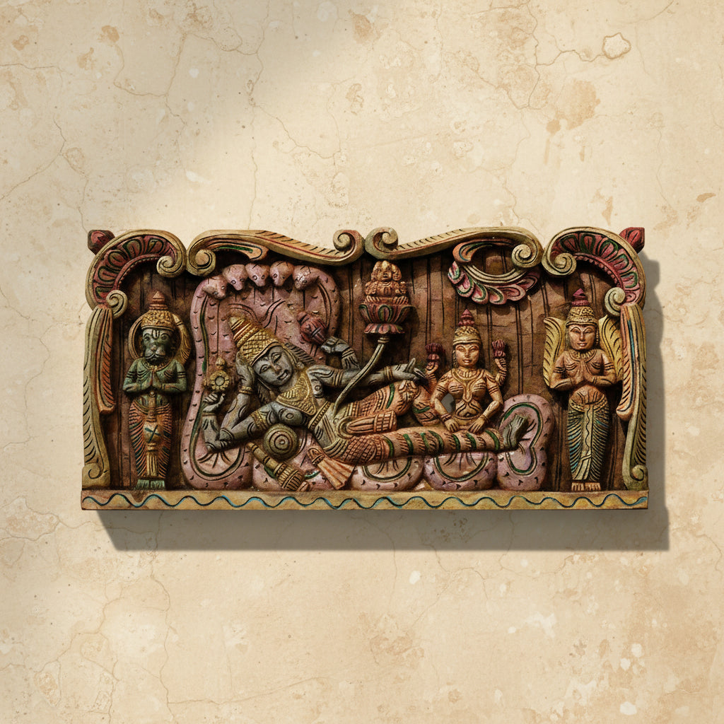 Hand-Carved Wooden Panel of Lord Vishnu on Sheshnag with Garuda & Hanuman – Sacred Wall Art