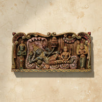 Hand-Carved Wooden Panel of Lord Vishnu on Sheshnag with Garuda & Hanuman – Sacred Wall Art