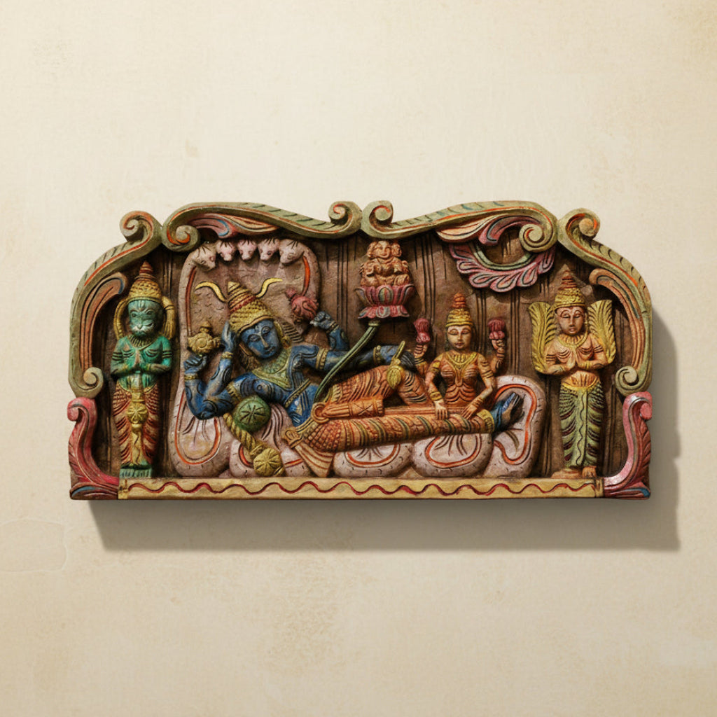Hand-Carved Wooden Panel of Lord Vishnu on Sheshnag with Garuda & Hanuman – Sacred Wall Art