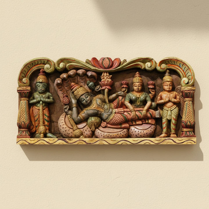 Wooden Hand Carved Wall Panel Vishnu - Laxmi With Hanuman and Garuda