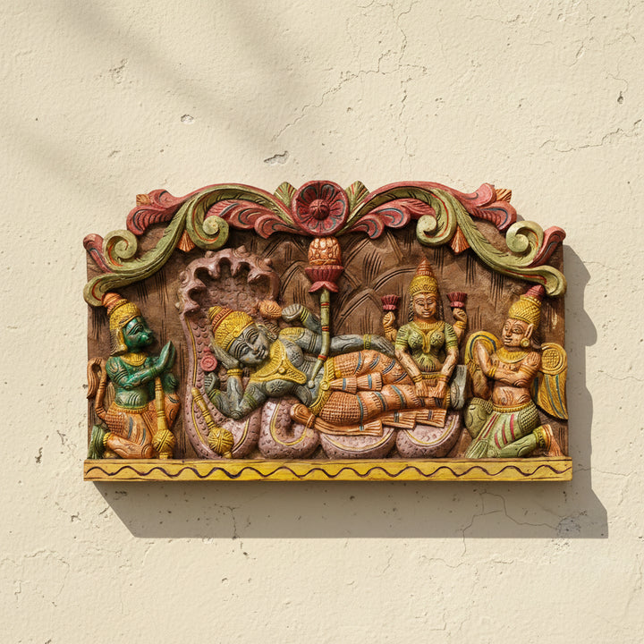 Wooden Hand Carved Wall Panel Vishnu - Laxmi With Hanuman and Garuda