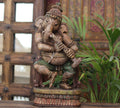 Handcrafted Wooden Lord Ganesha Playing Flute Sculpture – Vintage Antique Finish