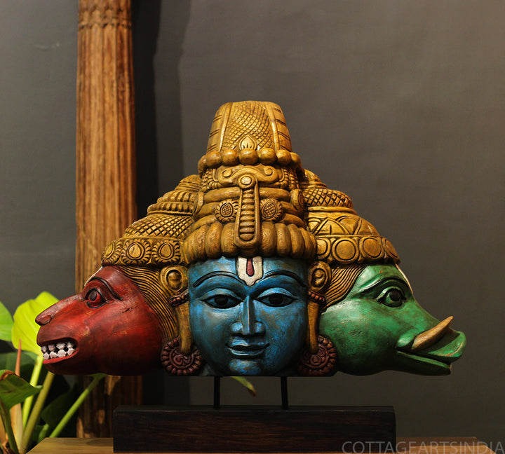 Wooden Trinity of Vishnu – Narasimha Varaha Wooden Sculpture