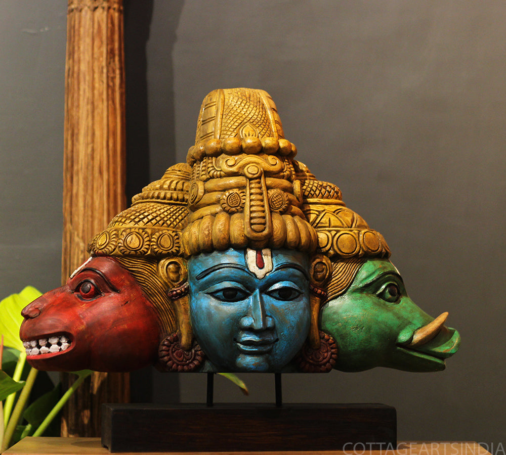 Wooden Trinity of Vishnu – Narasimha Varaha Wooden Sculpture